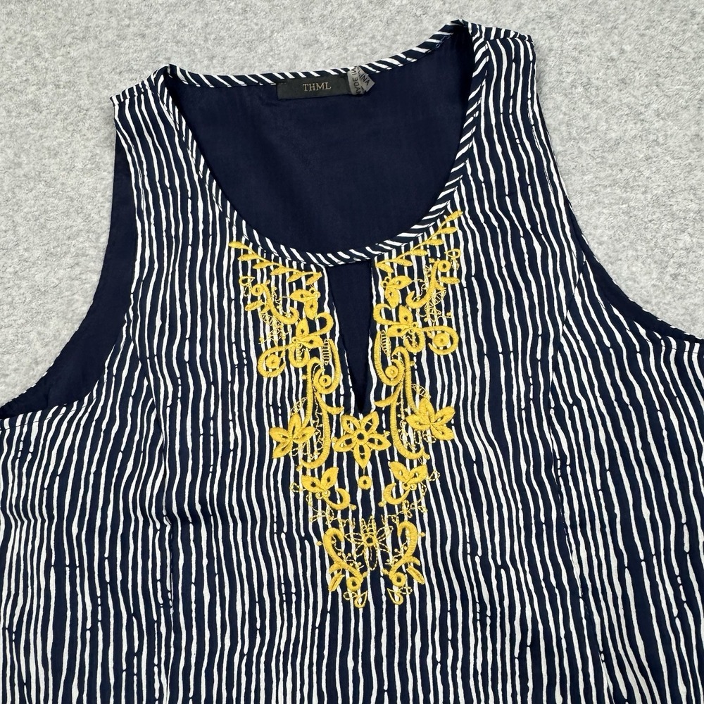 THML Anthropologie Shift Dress Size‎ Small Navy White Bamboo Stripe Embroidered
